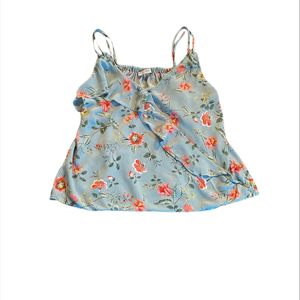 COPY - - Mango floral sleeveless blouse with ruffles and double spaghetti strap…